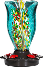 LUJII Hummingbird Feeders for Outdoors with Ant Guard, Blown Glass Hummingbird Feeder for Outside Hanging, 25 fl.oz, Never Leak, Unfading & Anti-Rust, Flower Vase, Garden Backyard Patio Decor, Blue