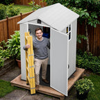 Devoko 4x4 FT Outdoor Shed, Compact & Secure Plastic Resin Storage with Lockable Door, Features Built-in Floor & Window for All-Weather Garden, Patio, and Poolside Organization, Light Gray
