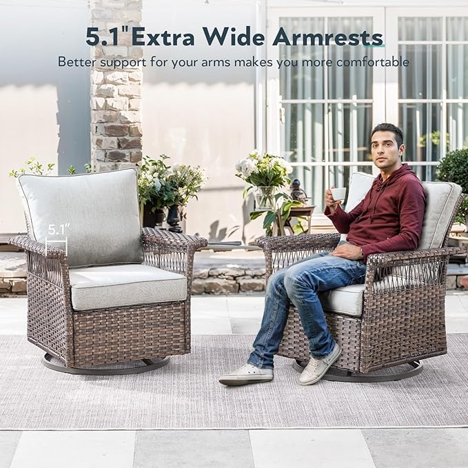 Outdoor Swivel Glider Chairs - 4 Pieces Hollow Widen Armrests Wicker Patio Furniture Set with Ottomans, High Back Outside Swivel Rocker for Balcony Porch Deck and Yard - Brown/Beige