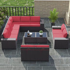 Outdoor Patio Furniture Set, 12 Pieces Outdoor Furniture All Weather Patio Sectional Sofas PE Wicker Modular Conversation Sets with Coffee Table,10 Chairs & Seat Clips Red.