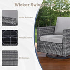 Wicker Patio Furniture Set, 6 PCS Outdoor Patio Furniture Set with Swivel Chairs, Includes 2 Swivel Patio Chairs, 1 Outdoor Couch, 1Side Table and 2 Ottoman, Grey/Grey