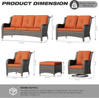 Joyside Wicker Patio Furniture Sets 7 Piece Set with One 3-Seat Sofa, Four Armchairs, Two Ottomans, Wicker Outdoor Furniture Sectional Conversation Set(Mixed Grey/Orange)
