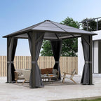 10x10FT Gazebo Hardtop, Outdoor Patio Gazebos with Polycarbonate Roof & Steel Frame, Outdoor Pavilion with Gray Curtain&Netting for Backyard/Lawn/Garden/Deck