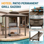 Hoteel 6x8 Hardtop Grill Gazebo, Outdoor Patio BBQ Gazebo with Galvanized Steel Double Roof, Hardtop Barbecue Canopy with 2 Side Shelves for Deck Lawn Backyard Garden,Brown