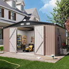 Aoxun 12x10 FT Shed Outdoor Storage Shed with Large Doors & Galvanized Steel, Large Shed Steel Utility Tool Shed Storage House with Door & Lock, for Patio Lawn Garden Sand, Brown