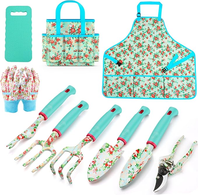 Garden Tools Set, JUMPHIGH 10 PCS Heavy Duty Gardening Tools Includes Hand Trowel Rake Weeder Pruner, Gardening Gifts for Women, Garden Kit with Tote Bag, Apron, Gloves, Kneeling Pad