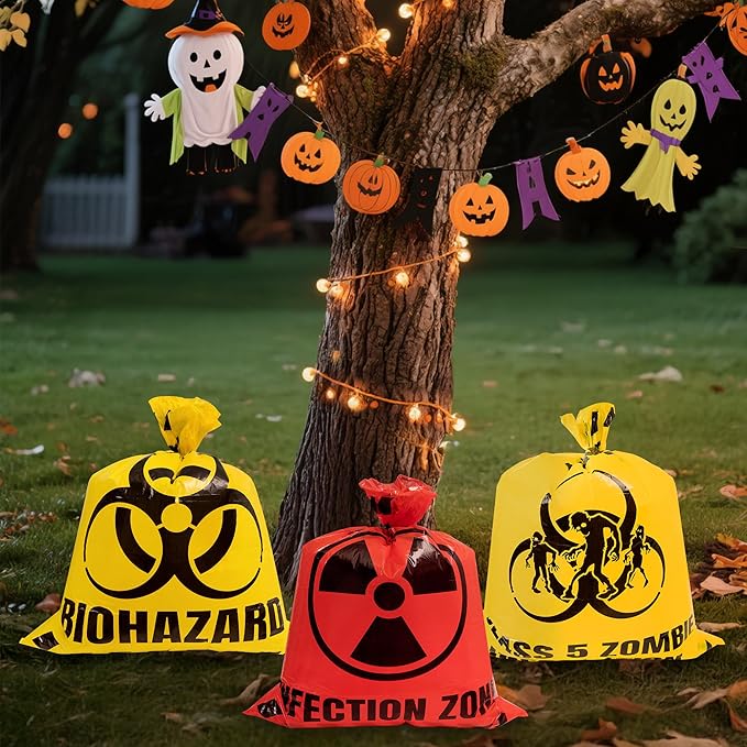 CNhoqc Halloween Lawn Trash Bags - 18Pcs Zombie Warning Reusable Waste Bags with Twist Ties, Fallen Leaf Grass Clipping Trash Container, Heavy-Duty Plastic for Biohazard Parties Outdoor Decorations