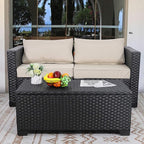 Rattaner Patio Coffee Table with Storage Wicker Outdoor Coffee Table and All-Weather Wicker Side Table with Waterproof Cover, Black