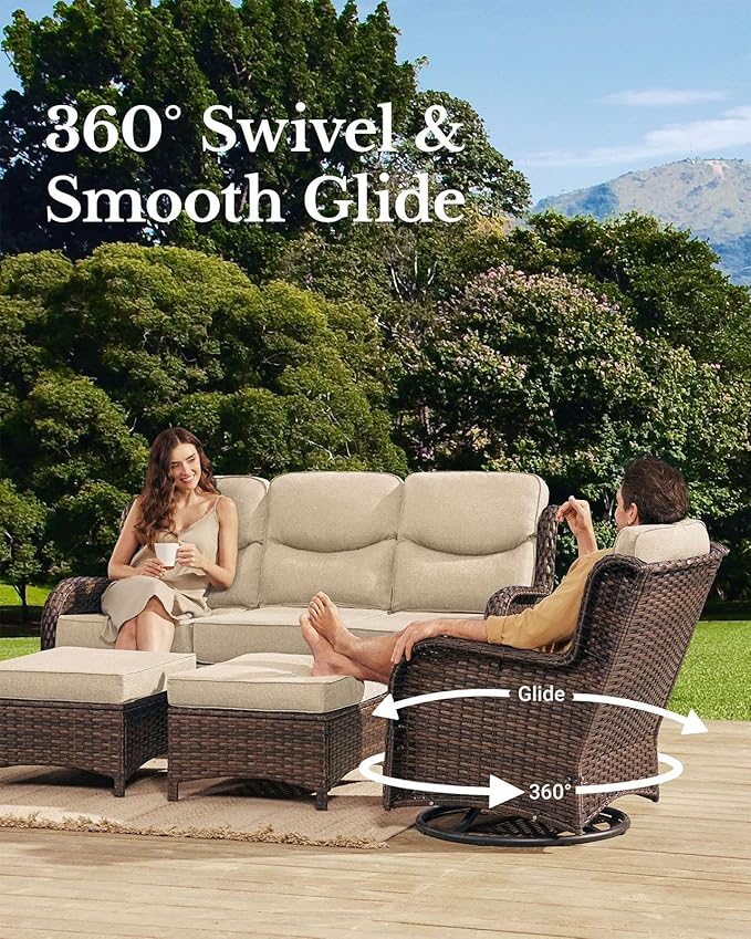 HILLGA Luxury Patio Furniture Set with 6-Inch Thick Cushions, High Back Outdoor Swivel Rocker Chairs and Patio Couch, 6-Piece All Weather Conversation Set for Porch Deck Pool Yard, Beige (V3)