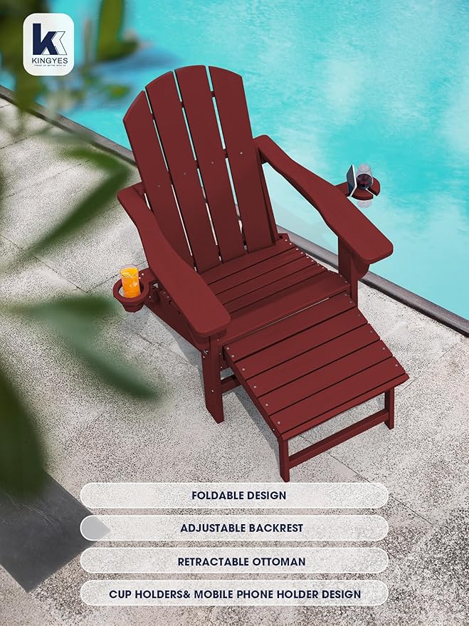 KINGYES Folding Adjustable Adirondack Chair with Ottoman & 2 Cup Holders Set of 4, HDEP Multifunctional Adirondack Chair with Footrest, Red