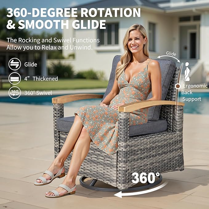 MEISSALIVVE 10 Pieces Outdoor Patio Furniture Sets,PE Wicker Patio Conversation Sets with 4 Wood Armrests Swivel Rocker Chairs，2-seat Sofa and Coffee Table(Grey)