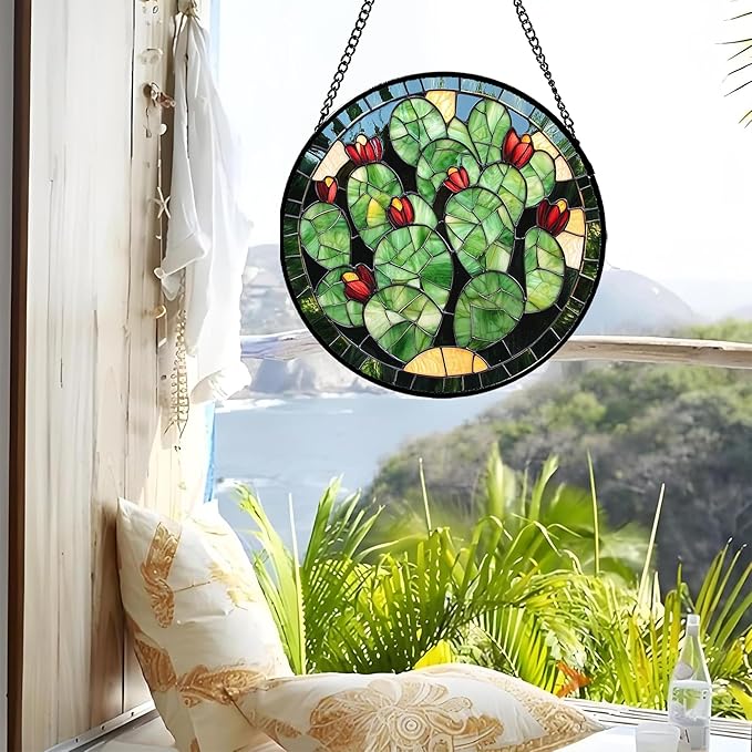 Stained Glass Window Hanging - Green Cactus Suncatcher for Doors Garden Patio Retro Plants Sun Catchers Decor Christmas Mother's Day Birthday Gifts for Women Men Mom Nana Friend 7.8 in