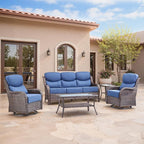 Swivel Patio Chairs sofa Set of 5 with 6" Thick Cushion - Wicker Outdoor Swivel Rocker Patio Chair ,Sofa/Glass coffee table, High Back Comfortable Outdoor Glider Chairs - Brown Wicker | Blue Cushions