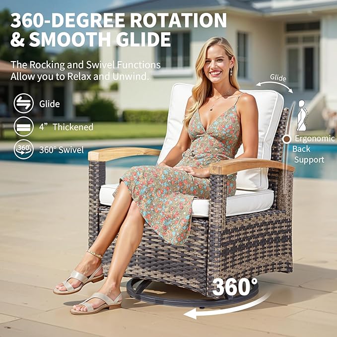 MEISSALIVVE 9 Piece Outdoor Patio Furniture Set, Half-Moon Curved Sectional Set with Wood Armrests, Patio Conversation Set, Tempered Glass Coffee & Side Tables（Brown）
