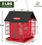 Kingsyard Metal Bird Feeder for Outdoor Hanging, Wild Bird Feeder with Double Suet Cage, Weatherproof Roof and 3 lbs Large Seed Capacity, Red