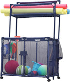 Essentially Yours Pool Noodles Holder, Toys, Floats, Balls, Equipment Mesh Rolling Double Decker Storage Organizer Bin, Large with Noodle Holder, (35.3" W x 23" L x 59.4" H), Blue Style 561935