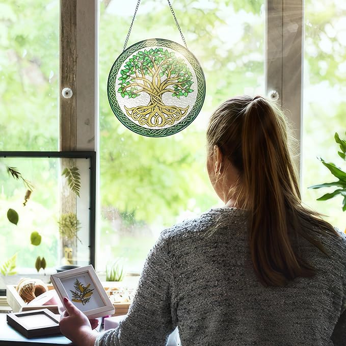 FLAGWIX Christmas Tree of Life Gifts for Women Men - Stained Glass Window Hanging 8 in - Xmas Birthday Gifts for Mom Grandma, Tree of Life Christmas Decorations Indoor, Celtic Suncatchers Garden Decor