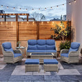 7-Piece Outdoor Wicker Patio Furniture Set with Swivel Glider Chairs, 3-Seat Sofa, Coffee Table & Ottomans 5” Olefin Cushions Ergonomic Neck-Lumbar Backrest All-Weather Rattan for Garden, Deck, Porch