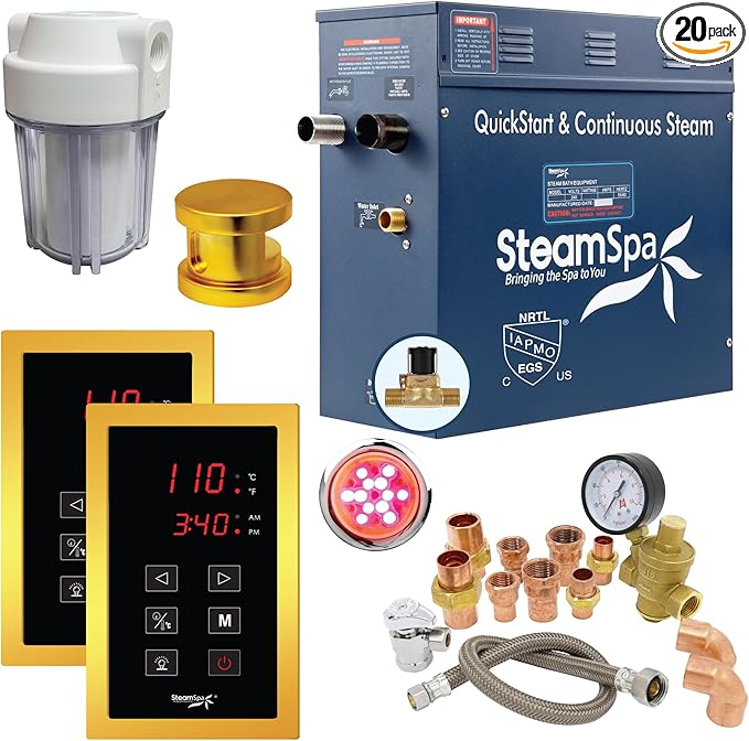 SteamSpa Executive 9 KW QuickStart ACU-Steam Bath Generator Package with Built-in Auto Drain and Install Kit in Polished Gold | Steam Generator Kit with Dual Control Panel Steamhead 240V | EXT900GD-A
