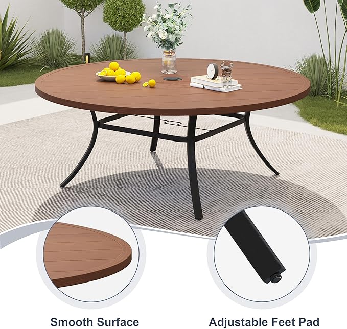 VICLLAX 53" Round Patio Dining Table for 6-8, Metal Outdoor Dining Table with Umbrella Hole for Patio, Garden, Balcony, Walnut