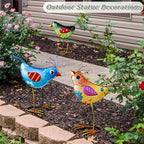 Garden Statues 3-Piece Metal & Glass Bird Figurines Set - Waterproof Outdoor Sculptures, Colorful Bird Garden Decorations Yard Art for Indoor & Outdoor Patio Lawn