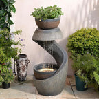 31.9" S-Shaped Water Outdoor Fountain–Modern Cascading Waterfall Feature with LED Lights & Planter Bowl, Garden Fountains Outdoor for Patio, Balcony, Yard or Home Decor, Resin Waterfall