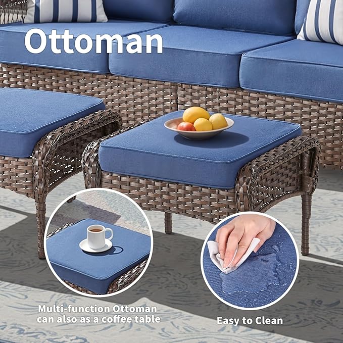 7 Pieces Patio Furniture Set Outdoor Sectional Sofa Couch with 4 Rocking Swivel Chairs 5" Deep Seat Chairs, Modern Wicker Rattan Conversation Set, Blue/Brown Wicker