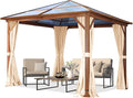 TOOLPORT Hardtop Gazebo 10x10 ft with Polycarbonate Roof - Wood-Like Finish - 4 Side Panels in Champagne