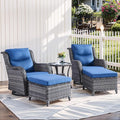 Patio Conversation Set with Smile-Shaped Cushions, Luxury Outdoor Swivel Chairs with Side Table and Ottomans, 5PCS PE Rattan Swivel Glider Chairs Set, Grey Wicker|Blue Cushions
