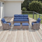 Rilyson Wicker Outdoor Patio Furniture Set - 5 Piece Patio Conversation Sets with Swivel Rocker Chairs, Ottomans and Sofa, 6 inch Cushions, Waterproof Wicker, for Porch Deck Brown/Blue