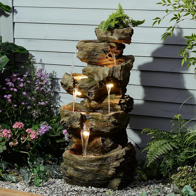 40.5" H Outdoor Water Fountain 5 Tiers Large Cascading Wooden Imitative Wood Natural Waterfall Outdoor Fountain Resin Imitation Wood with LED Lights for Garden, Patio, Porch