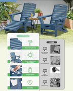Folding Adirondack Chairs Set of 4,Adirondack Chair with Retractable Ottoman,Plastic Adirondack Chairs with 2 Cup Holder,Weather Resistant Patio Chair,Outdoor Chairs Set of 4(Navy Blue)