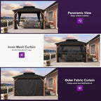 PURPLE LEAF 10' X 12' Hardtop Gazebo Outdoor Wood Grain Aluminum Frame Galvanized Steel Double Roof Gazebos with String Lights for Patio Deck Backyard Garden