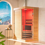 Woodbridge Infrared Home Sauna Room 1 Person Hemlock Wooden Indoor Sauna,7 Carbon 1560W/120V Heaters,with Led Color Therapy Light,Bluetooth Speaker,Tempered Glass,Touch-Tone Keypad and A Top Vent