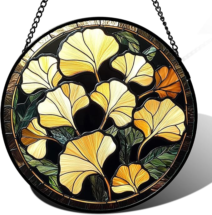 Stained Glass Window Hanging - Ginkgo Leaf Suncatcher for Doors Garden Patio Retro Fall Decor Sun Catchers Christmas Mother's Day Birthday Gifts for Women Men Mom Nana Friend 15 in