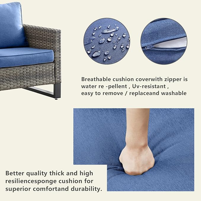 Rilyson Wicker Outdoor Patio Furniture Set - 6 Piece Patio Conversation Set with 2 Armrest Chairs,2 Rattan Ottoman,1 Couch and 1 Metal Side Table for Outside Porch Deck Backyard(Mixed Grey/Blue)