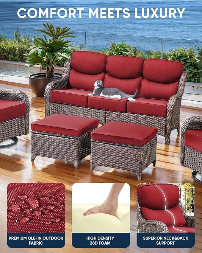 Luxury 24x24x6 Inch Smile Outdoor Sofa Cushions Set of 3 - Memory Foam Deep Seat Patio Furniture Pillows for Wicker Rocker Dining Chair Loveseat 3-Seater L-Shape Sectional Sofa - Red