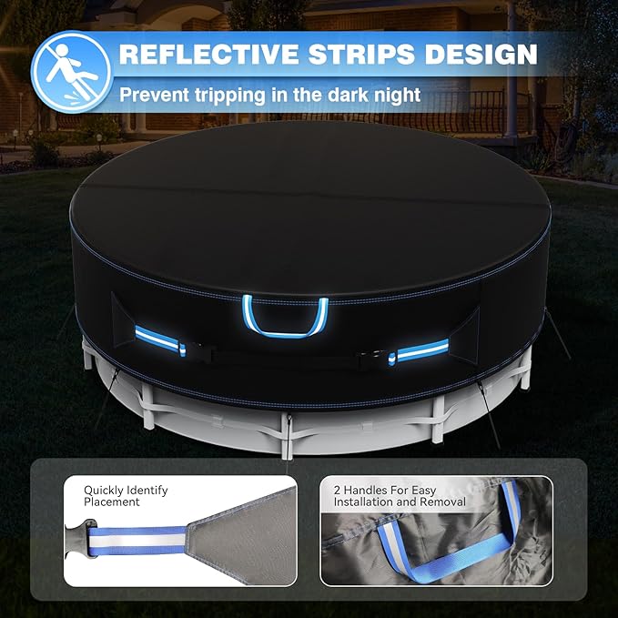 12 Ft Round Pool Cover with Reflective Strips, 420D Swimming Pool Cover for Above Ground Pools, Solar Cover with Drawstring and Ground Nails for Dustproof, UV Protected