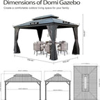 Domi 10x14FT Outdoor Gazebo, Hardtop Gazebo with Galvanized Steel Double Roof, Metal Gazebos with Drainage System Patio Pergola for Patio Deck Backyard,Curtain and Netting,Gray