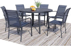 7 Pieces Round Dining Table Set for 6, Patio Dining Set Includes 6 Dark Blue Stackable Patio Chairs and 1 Black Round Table Set of 6, Patio Furniture Sets with Sling Support for Outside, Garden
