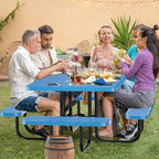 47'' Heavy-Duty Metal Picnic Tables with Umbrella Hole, Outdoor Steel Heavy Duty Commercial Grade Black Table, Outdoor Bench Set for Lawn, Patio, Park, Yard, Garden, Porch (Set B, Square)