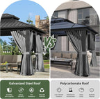 Aoxun 12'x10' Hardtop Gazebo, Aluminum Frame Permanent Pavilion with Curtains and Netting, Outdoor Galvanized Double Roof Canopy, Designed for Garden, Lawns, Patio, with Ground Nails