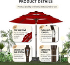 Ayge 9FT 3-Tier Large Outdoor Patio Umbrella Market Table Umbrella-UV Resistant,Easy Push Button Tilt and Crank,8 Sturdy Fiberglass Ribs Heavy-Duty Pool Umbrella for Deck,Backyard,Garden,Yard,Red