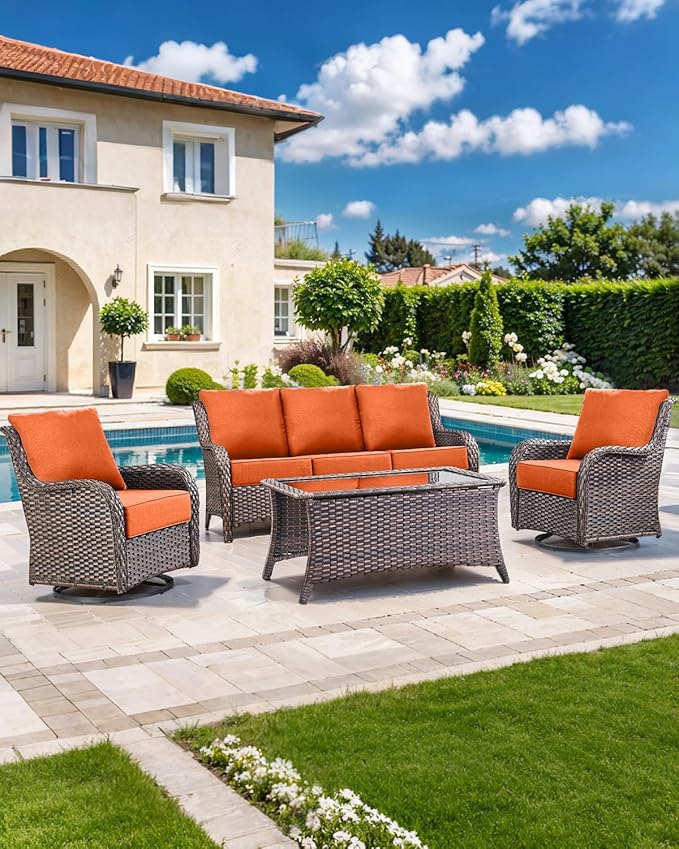 Luxury 22x24/22x25 6-Inch Patio Chair Cushions Set of 3 - Memory Foam Deep Seat Water-Resistant Patio Cushion for Lawn Dining Rocking Swivel Chairs Loveseat 3-Seater Sectional Sofa - Orange