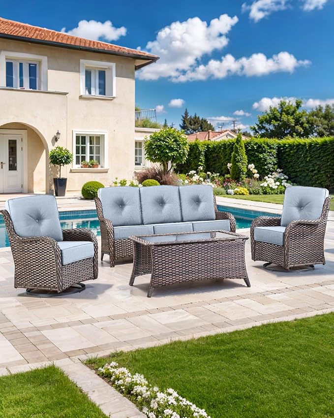 Luxury 22x24/22x25 6-Inch Outdoor Cushions for 5 Peice Patio Furniture Set - Set of 5 Water Repellent Pillow for Wicker Rocking Swivel Chairs Loveseat Couch Sectional Sofa - Baby Blue
