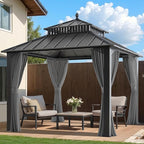 SUNJOY Kingston 10' x 10' Hardtop Gazebo with Galvanized Steel Double Roof, Curtain and Netting, Gray Aluminum Posts Permanent Pavilion Gazebo for Garden, Patio, Deck, Lawn