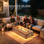 42" Outdoor Fire Pit Table, 50,000 BTU Gas Fire Pit with Glass Wind Guard, Fire Stones, Waterproof Cover, Propane Fire Pit Table for Outside Patio Hollow-Out (Elk, Brown)