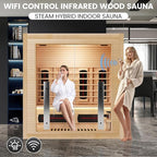 3-4 Person Hybrid WiFi Control Indoor Sauna, Far Infrared Wood Steam Sauna Room, Canadian Hemlock, Red Light Therapy, 11 Heating Elements & Electric Stove, Large Tempered Glass Door, Left Door