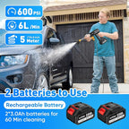 Portable Cordless Pressure Washer, 600 PSI 21V 2x3.0Ah Rechargeable Batteries Powered Pressure Washer, 6-in-1 Nozzle with Jet Nozzles for Car Floor Wall Fence Cleaning Pet Cleaning