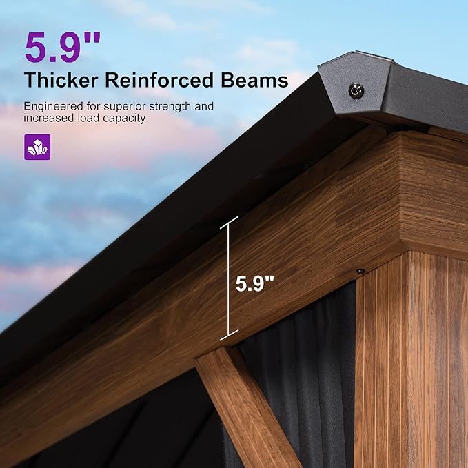 PURPLE LEAF 10' X 12' Hardtop Gazebo Outdoor Wood Grain Aluminum Frame Galvanized Steel Double Roof Gazebos with String Lights for Patio Deck Backyard Garden